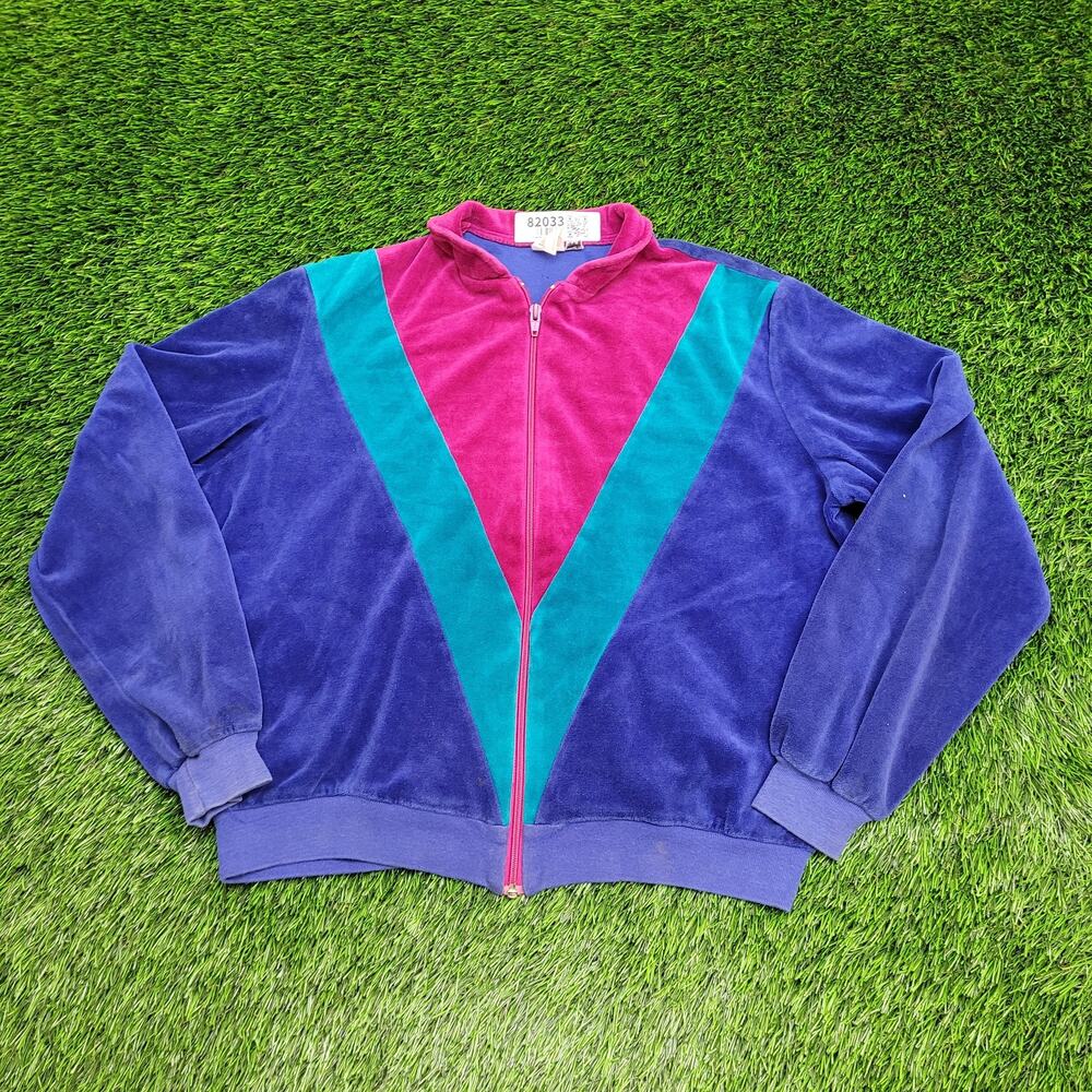 Vintage 90s Colorblock Velour Jacket Women Medium 22x21 Boxy
